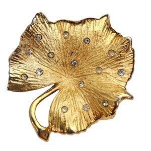 Pennino Gold Tone Leaf, Rhinestone Wavy Pin Signed, J404